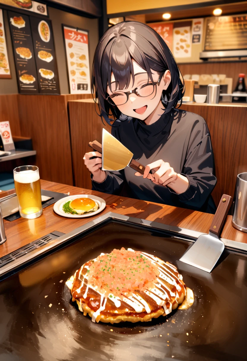 masterpiece, best quality, very aesthetic, absurdres,
1girl, glasses, black hair, open mouth, TEKOKOTE, holding TEKOKOTE, closed eyes, pov across table, sitting, plate, table, scenery, okonomiyaki, Teppan, food, restaurant, beer mug, holding, smile, indoors,
 <lora:okonomiyaki_SDXL_V4:1>