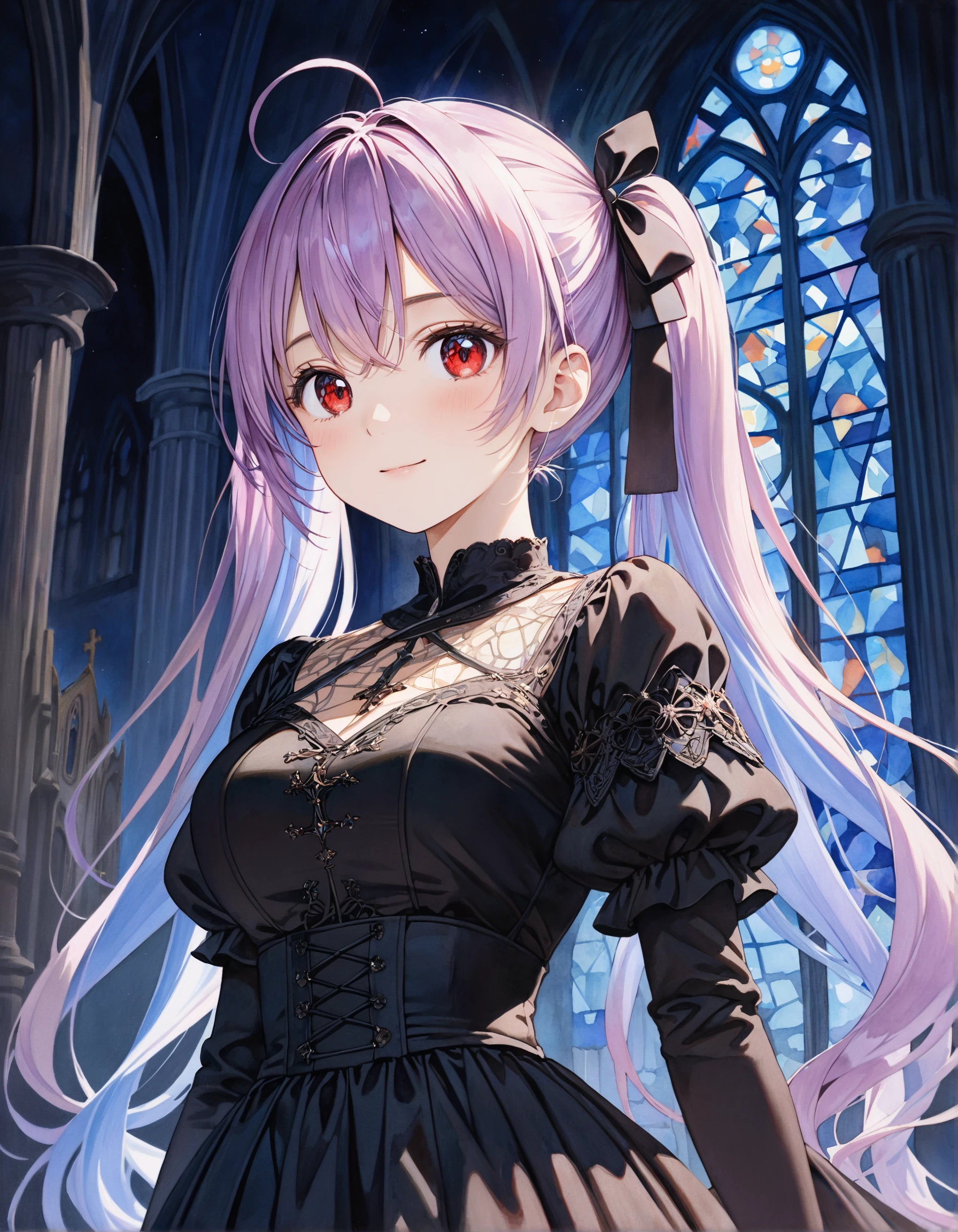 SceneDescription:
- Composition: Upper body shot. Cinematic angle.
- Subject: A 18YO girl.
- Characteristics:
- Face: (Cute round face:1.1).
- Eyes: Detailed dark-red eyes.
- Hair: Long wavy high (twintail:1.2) with black ribbon ornament, (light purple hair), (light purple inner hair), ahoge and hair between eyes.
- Body: Detailed body. (Large breasts:1.1).
- Clothing: Black gothic dress, ruffled short sleeves and layerd skirt.
- Expression: Light smile. Close mouth.
- Posing: Stylish pose. Looking at viewer.
- Background: Inside medieval church.
- Elements: Stained glass.
Time: (Night:1.2).
Lighting: (Blue hour light:1.4).
ArtStyle: Gothic style. Watercolor. Traditional media. Blurry. Pale pastel colors.
Quality: Intricate details. Extremely detailed. Outstanding intricacies. (Masterpiece:1.2). (Best quality:1.2). (Absurdres absolutely resolution:1.4).
Mood: Serene atmosphere.
<lora:flat_sdxl:-0.45>