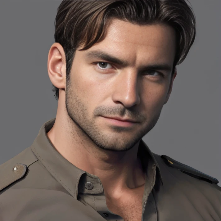 <lora:PeterKrisztia:0.85>, peterkrisztia, absurdres, straight-on, portrait, close-up, stubble, muscular male, grey background, brown shirt