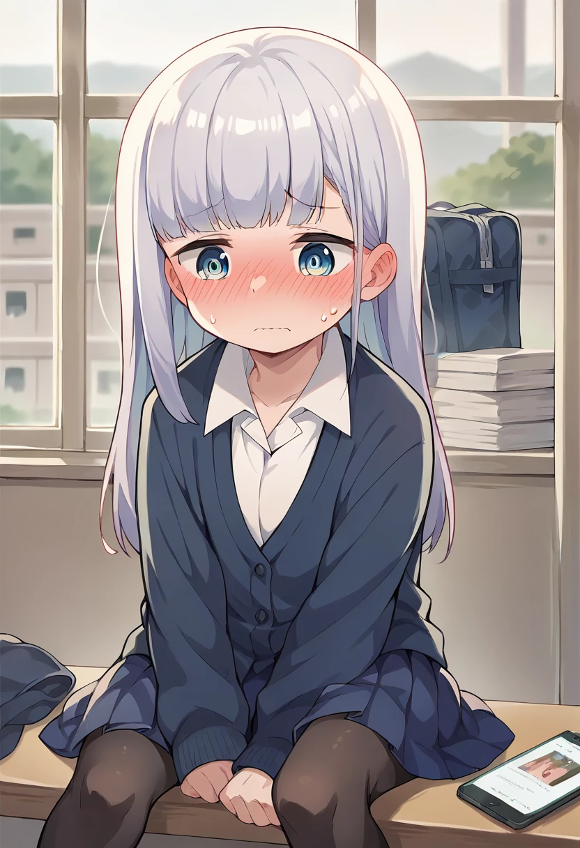 score_9, score_8_up, score_7_up, source_anime, masterpiece, 1girl, ctianaharen, jitome, school uniform, collared shirt, cardigan, blue skirt, black pantyhose, phone, nervous, blush, sweatdrop, indoors,  <lora:Reinaaharen_pony_ct:0.9>