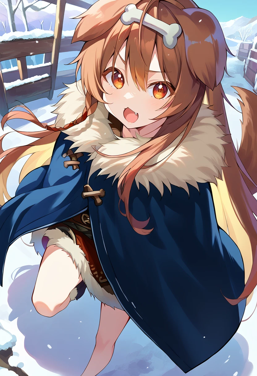 inugami korone viking, 1girl, bone hair ornament, solo, dog girl, dog ears, dog tail,
fur trim, dark blue coat, hair between eyes, very long hair, 
looking at viewer, open mouth, fang, :d,
outdoors, snow, scenery,
from above, bare legs, 
score_9, score_8_up, score_7_up, score_6_up, source anime,
<lora:inugami_korone_v21:1>