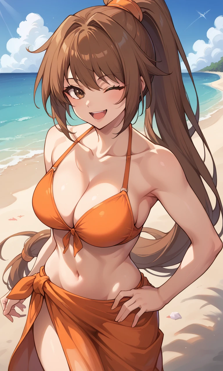 score_9, score_8_up, score_7_up, score_6_up, source_anime, BREAK masterpiece, StrikerDNF, high ponytail, brown eyes, orange hair-tie, orange bikini, cleavage, orange sarong, see-through  sarong, smile, open mouth, beach, hand on own hip, one eye closed, 