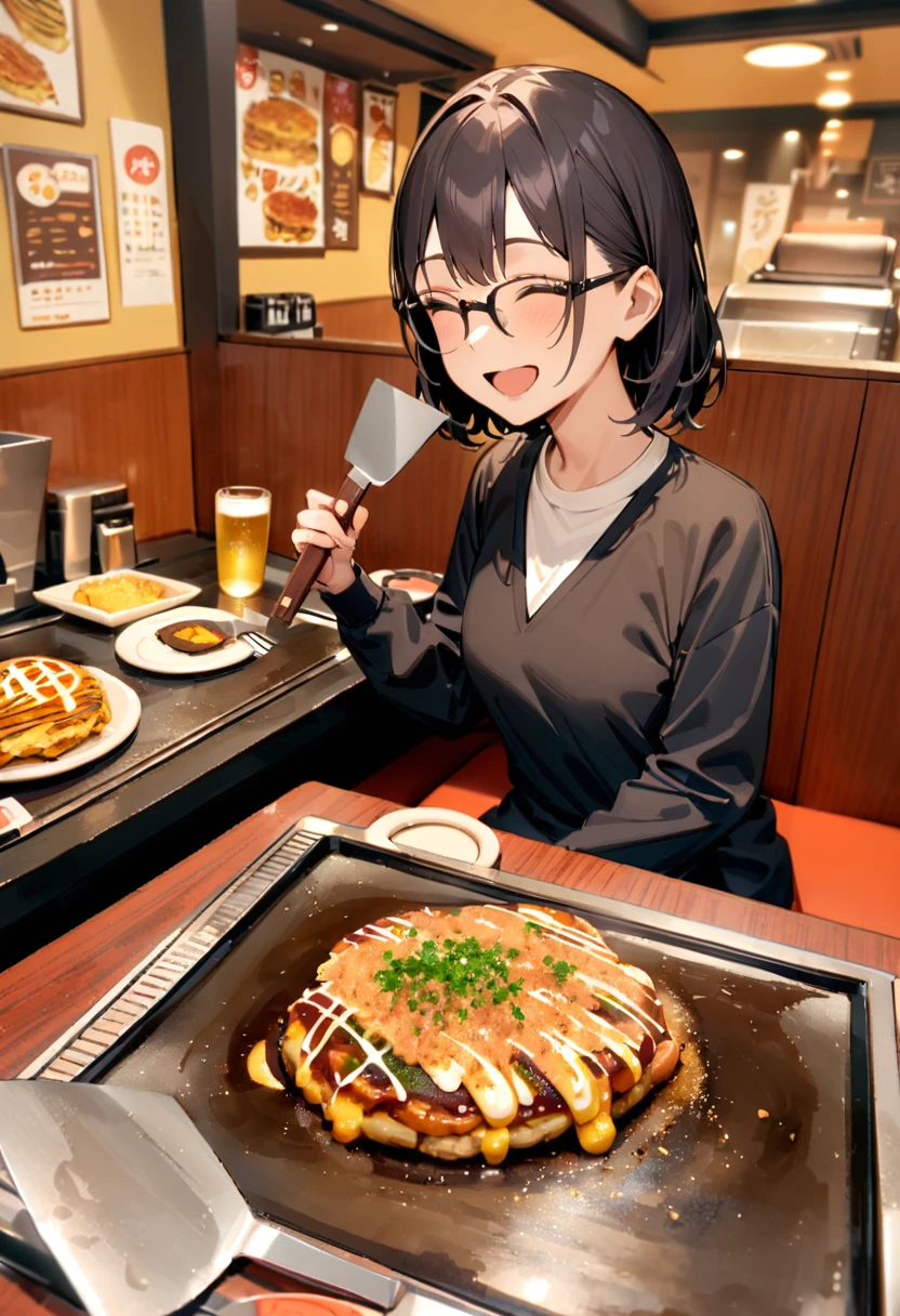 masterpiece, best quality, very aesthetic, absurdres,
1girl, glasses, black hair, open mouth, TEKOKOTE, holding TEKOKOTE, closed eyes, pov across table, sitting, plate, table, scenery, okonomiyaki, Teppan, food, restaurant, beer mug, holding, smile, indoors,
 <lora:okonomiyaki_SDXL_V4:1>