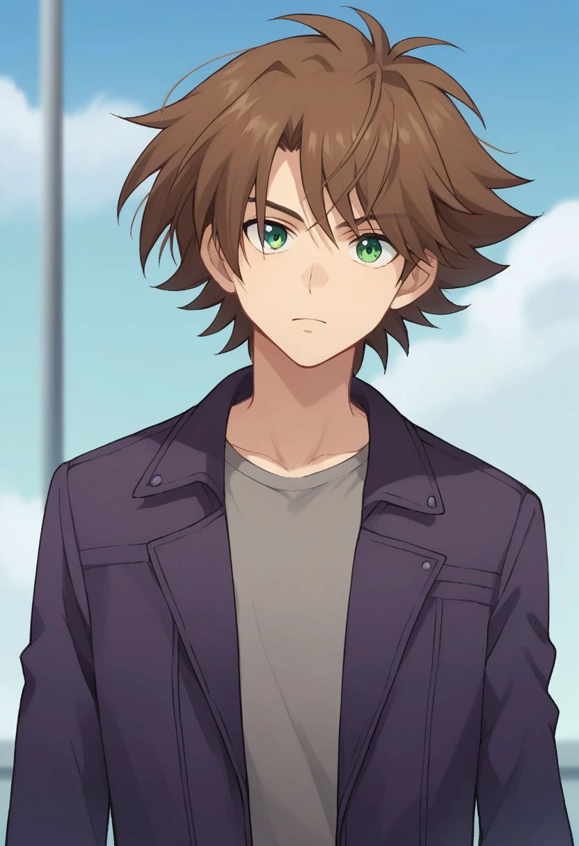 score_9, score_8_up, score_7_up, source_anime, highly detailed, 
kai, 1boy, brown hair, solo, green eyes, male focus, upper body, jacket, purple jacket, open jacket, grey shirt, pants, 
outdoor,