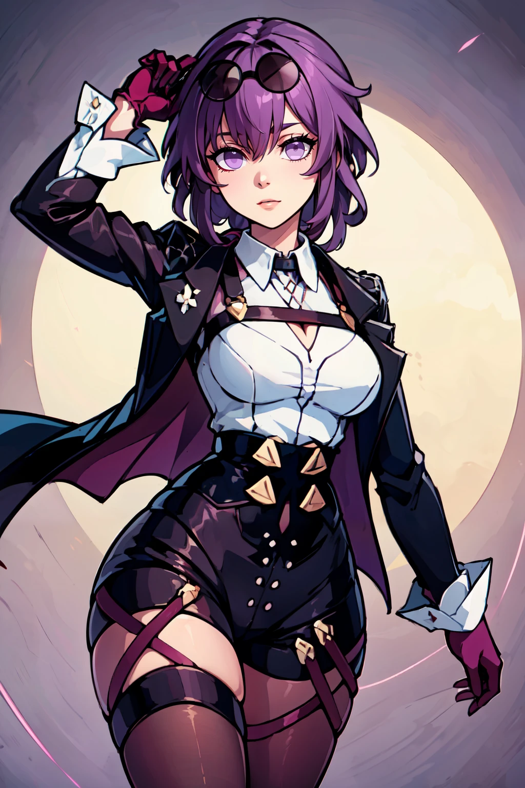 ((masterpiece,best quality)), absurdres,   <lora:kafkaStarrailUdon_SD:0.7>,   kafkat, purple_hair, purple_eyes, sunglasses, eyewear on head, harness, black jacket, white shirt, collared shirt, long sleeves, white sleeves, purple gloves, black shorts, thigh strap, pantyhose,