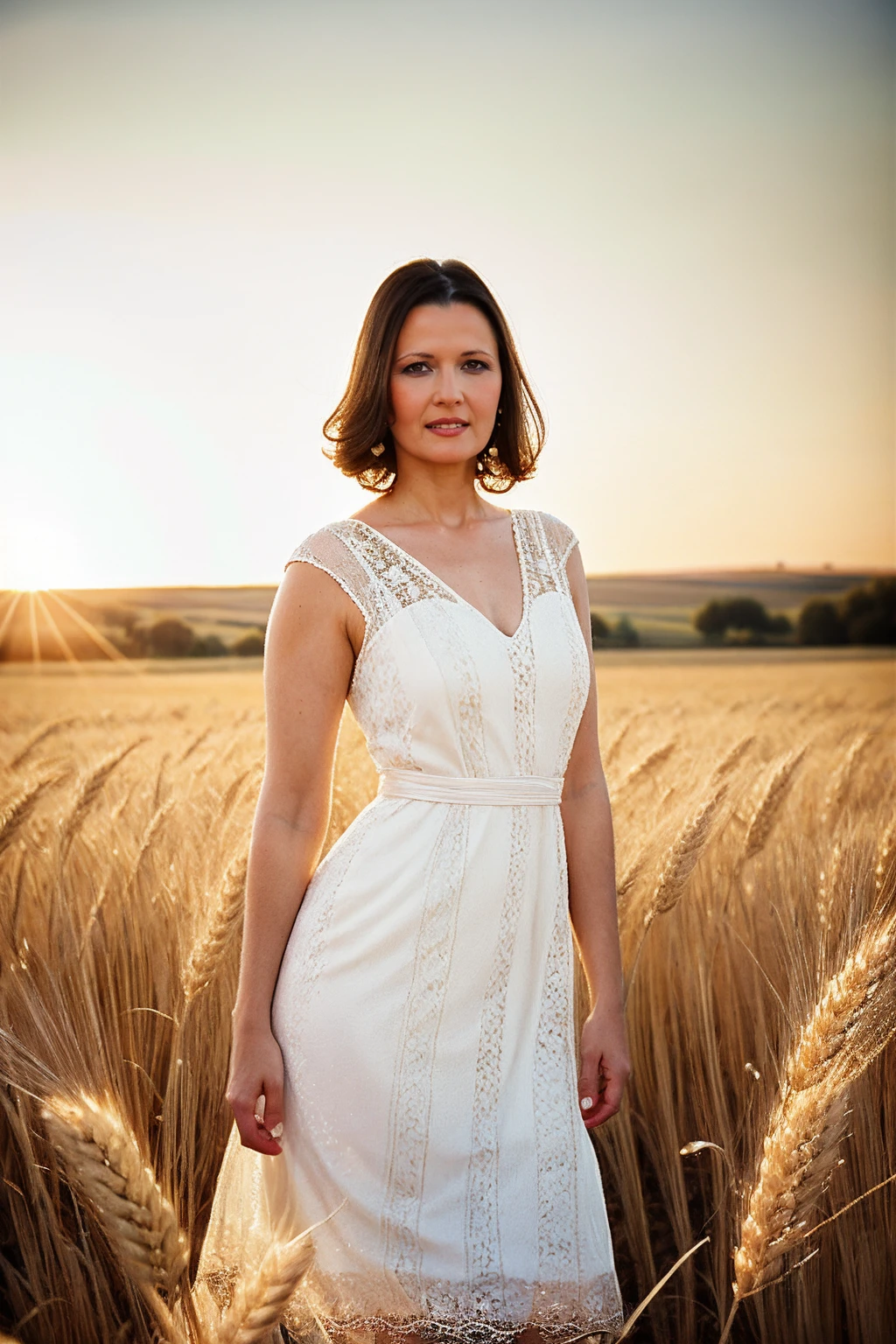 analog photo, portrait of irisreyes, wearing white lace dress, wheat field, golden hour, vintage hairstyle, edge lighting, volumetric lighting, masterpiece, best quality, highly detailed, <lora:IrisReyes:1>,