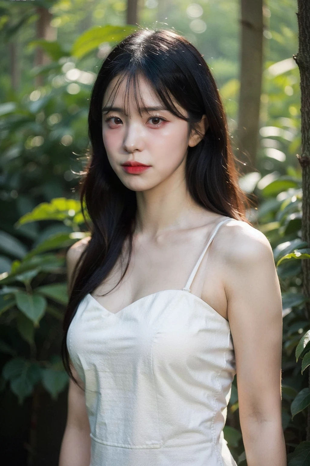 (realistic), (hyperrealism),best quality, masterpiece,ultra high res, (photorealistic:1.4),1girl,pale skin,young,(looking at viewer),dark forest, sun ray, skinny, long neck, tall,
<lora:makina69_leedahye_v1.0:1> , white dress , bare shoulders, cowboy shot