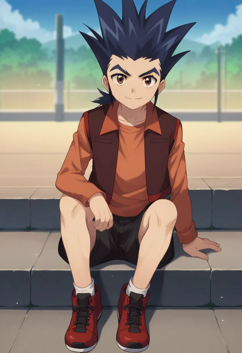 score_9, score_8_up, score_7_up, source_anime, highly detailed, 
kamui, 1boy, male focus, solo, spiked hair, shorts, black hair, smile, shirt, shoes, orange shirt, black shorts, looking at viewer, vest,  brown eyes, long sleeves, jacket,
outdoor, sky, sit,