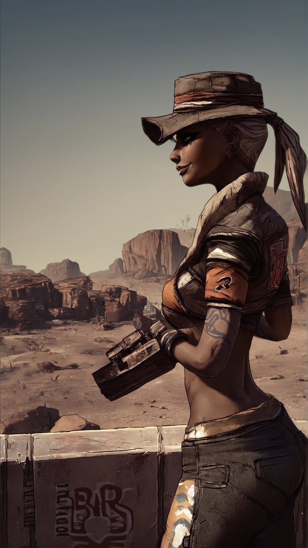 score_9, score_8_up, score_7_up, score_6_up, score_5_up, score_4_up, <lora:2BorderlandsStyle_epoch_8:0.99> borderlands_style, desert, building, 
ponytail, smile, hat, 1girl, dark_skin, , (high quality, detailed, beautiful)