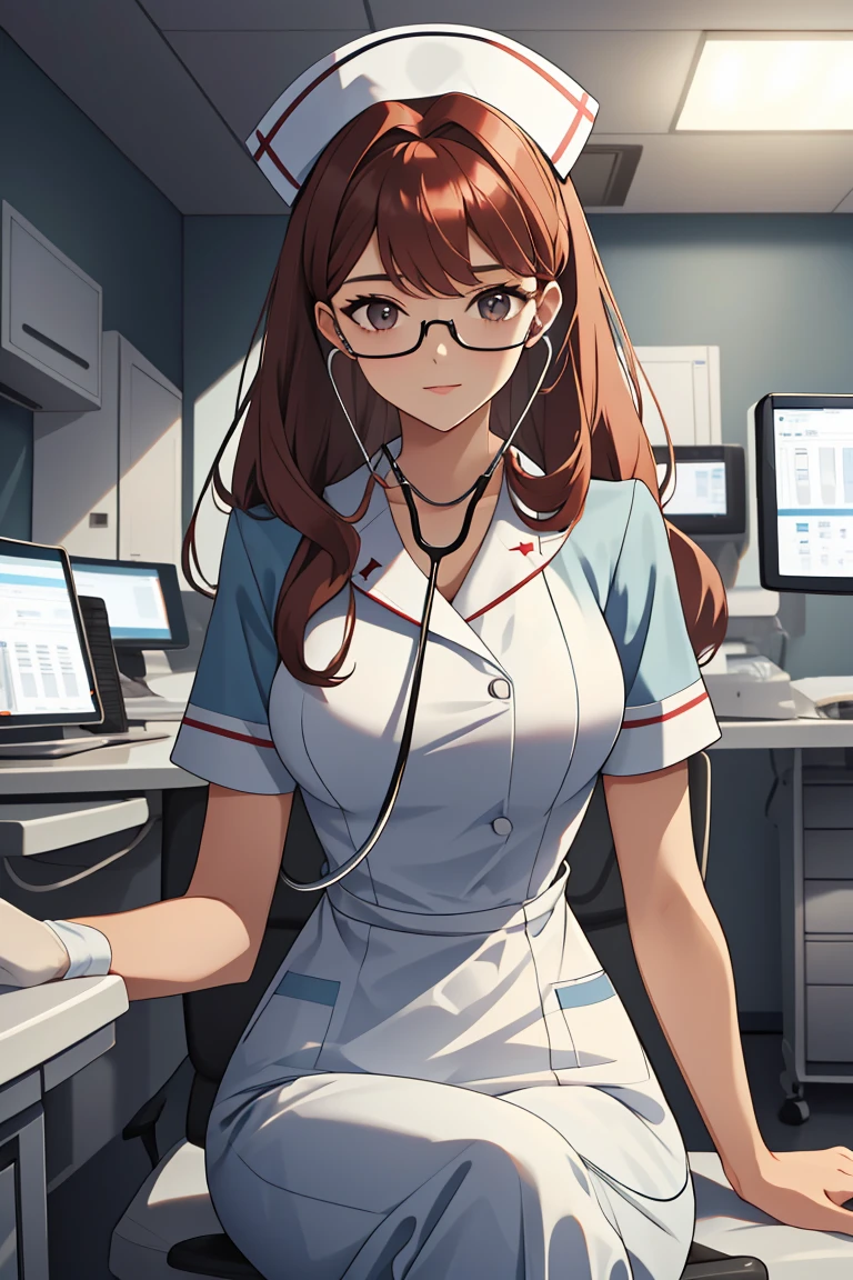 (RAW photo, best quality,facing the viewer,from front), operating room, overhead surgical light,blurred background, focused, dithering,backlighting,
 <lora:CM_Nurse_Stethoscope_Listen_V2.0-000005:0.85> nurse_listensteth, 1girl, solo, nurse, stethoscope, nurse cap, sitting, 
 <lora:Claudia_Suzuki_V1.0:0.65> claudia suzuki, mature female, semi-rimless eyewear, red hair, long hair, brown eyes, antenna hair,