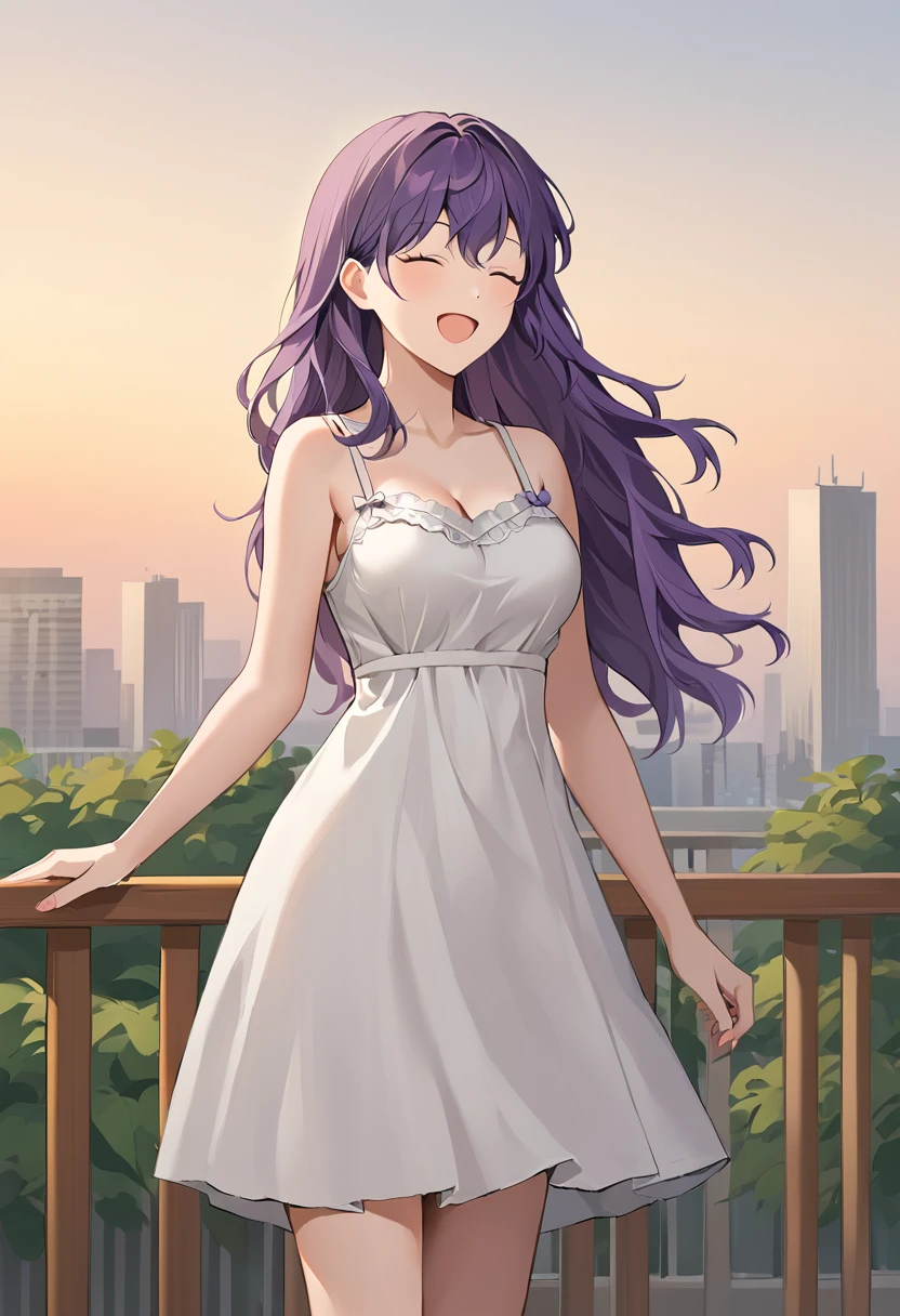 asahina_mafuyu, purple hair, long hair, loose hair,straight hair, closed eyes,medium breasts, sundress
BREAK
outdoors, sunset, city background
BREAK
cowboy shot,  standing, open mouth, happy face, smile
BREAK
best quality, masterpiece,score_9, score_8_up, score_7_up, perfect hand, , source_anime, zPDXL, <lora:Asahina_Mafuyu_r2:0.8>