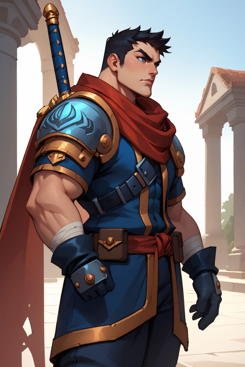 score_9, score_8_up, score_7_up, masterpiece, high quality, BREAK
<lora:GarrisonPonyLoRA:0.9>grrisn, short hair, scarf, pauldrons, cape, top, chest belt, waistband, belt pouch, gloves, pants, sword on back,in a courtyard, sword