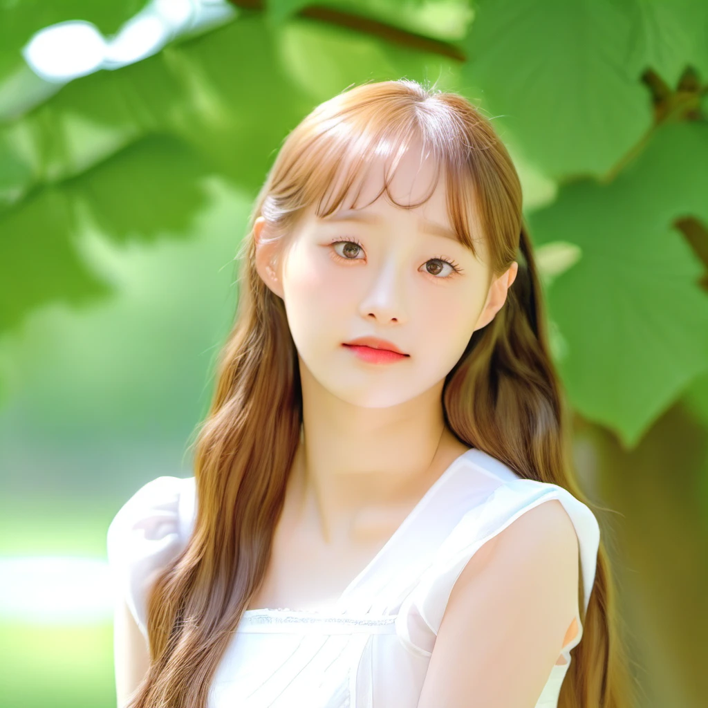 chuu, (best quality, masterpiece:1.3), realistic, 1girl, solo, cute, beautiful, looking at viewer, beautiful expression, (upper body:1.2), portrait, (straight on), outdoors, in the park, (closed mouth:1.2), white dress, long hair, brown hair, medium breast, detailed face, detailed eyes, detailed iris, lips, highres