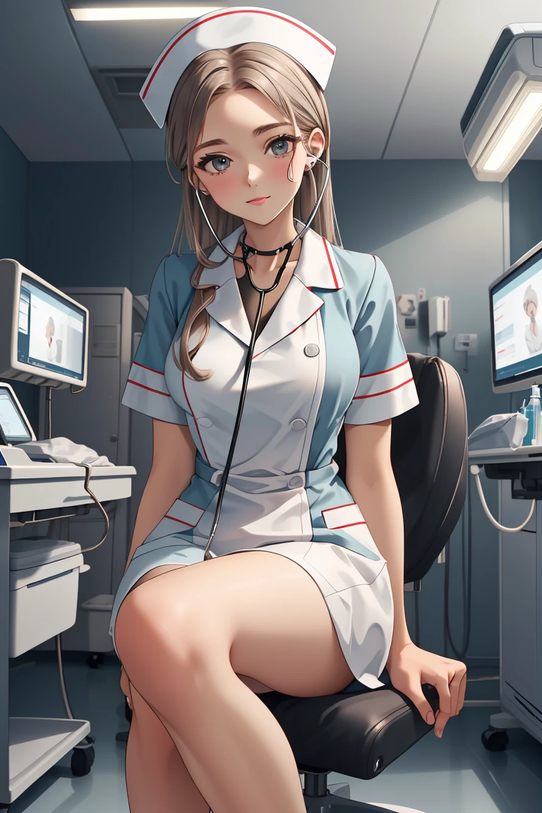 (RAW photo, best quality,facing the viewer,from front), operating room, overhead surgical light,blurred background, focused, dithering,backlighting,
 <lora:CM_Nurse_Stethoscope_Listen_V2.0-000005:0.85> nurse_listensteth, 1girl, solo, nurse, stethoscope, nurse cap, sitting,