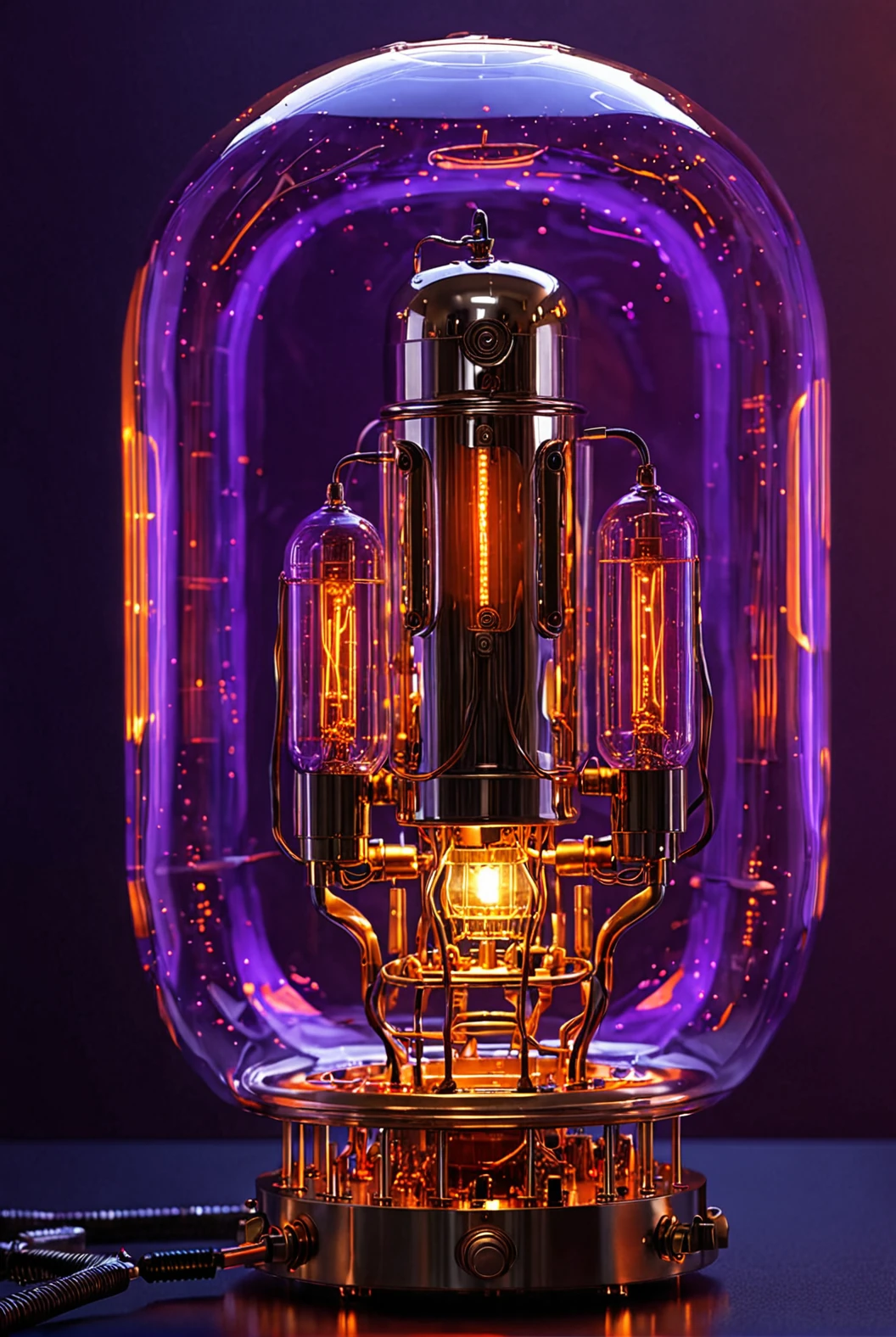 ((robot whale swimming in a simulation)), steampunk, vacuum tube lights, full view, abstract, realistic wires, reflective glass, art deco, brass, bronze, glowing orange and purple
[reflections, realistic soft lighting, realistic, high quality photo, 4k, hd]
 <lora:Vacuum Tubes v1.0:0.6>