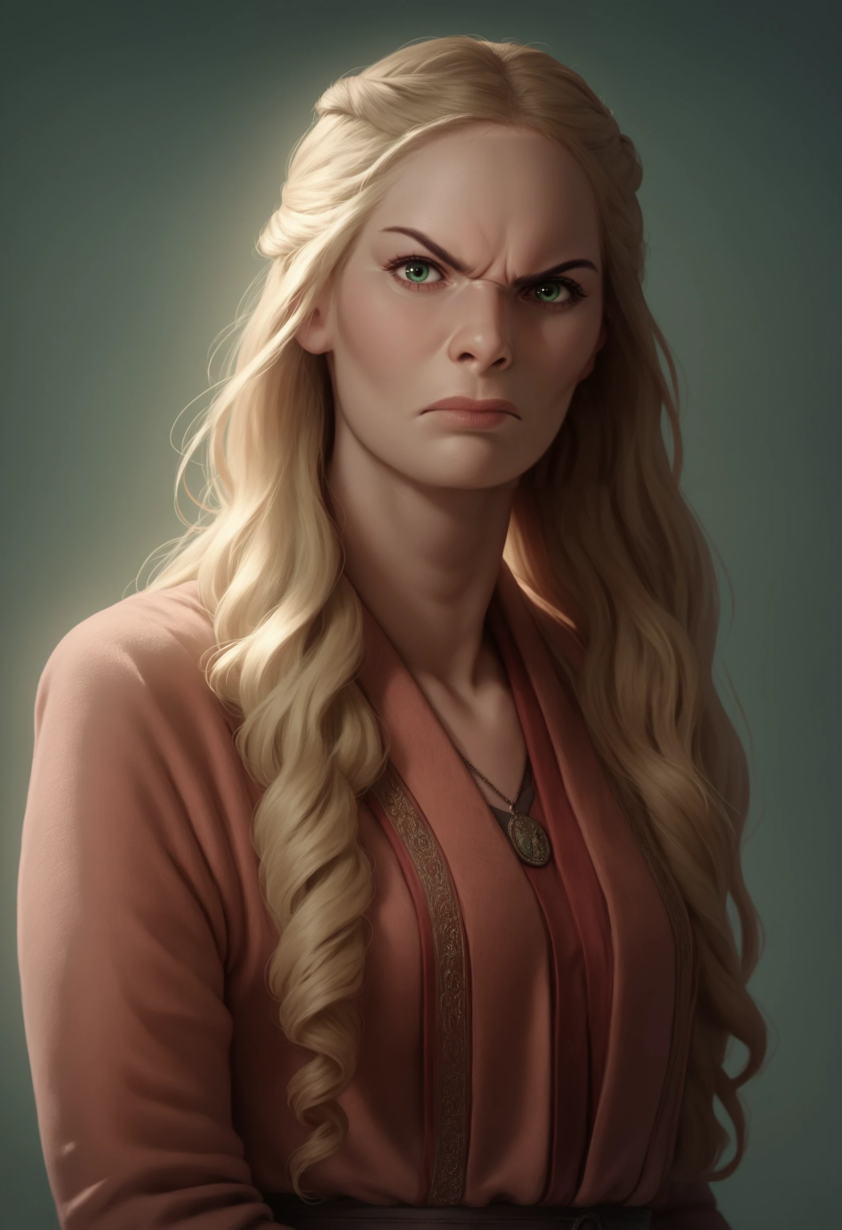 score_9, score_8_up, score_7_up, score_6_up, score_5_up, score_4_up, 1girl, <lora:CerseiLannister_r1:0.95> solo, medium breasts, long hair, blonde hair, green eyes, dress, upper body, angry, looking at viewer,
light blue background, simple background, realistic,