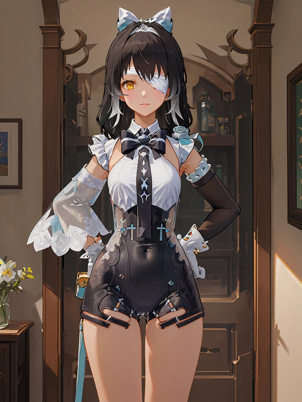 hand on own hip,  MAUXIR, leotard, asymmetrical_sleeves,  single_gloves,  bowtie, hair_bow, yellow_eyes, eyepatch, two-tone_hair,  long hair,  black hair,  cowboy shot,  1girl, solo,  looking at viewer, standing,  day, indoors,  (masterpiece,best quality,beautiful and aesthetic:1.2), <lora:MAUXIR-V3:1>