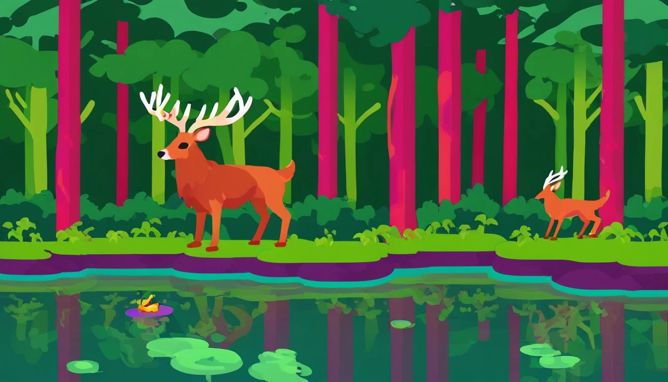 source_cartoon, A serene forest an elk by a pond., antlers, forest, kurzgesagt <lora:kurzgesagt_v1:1>
