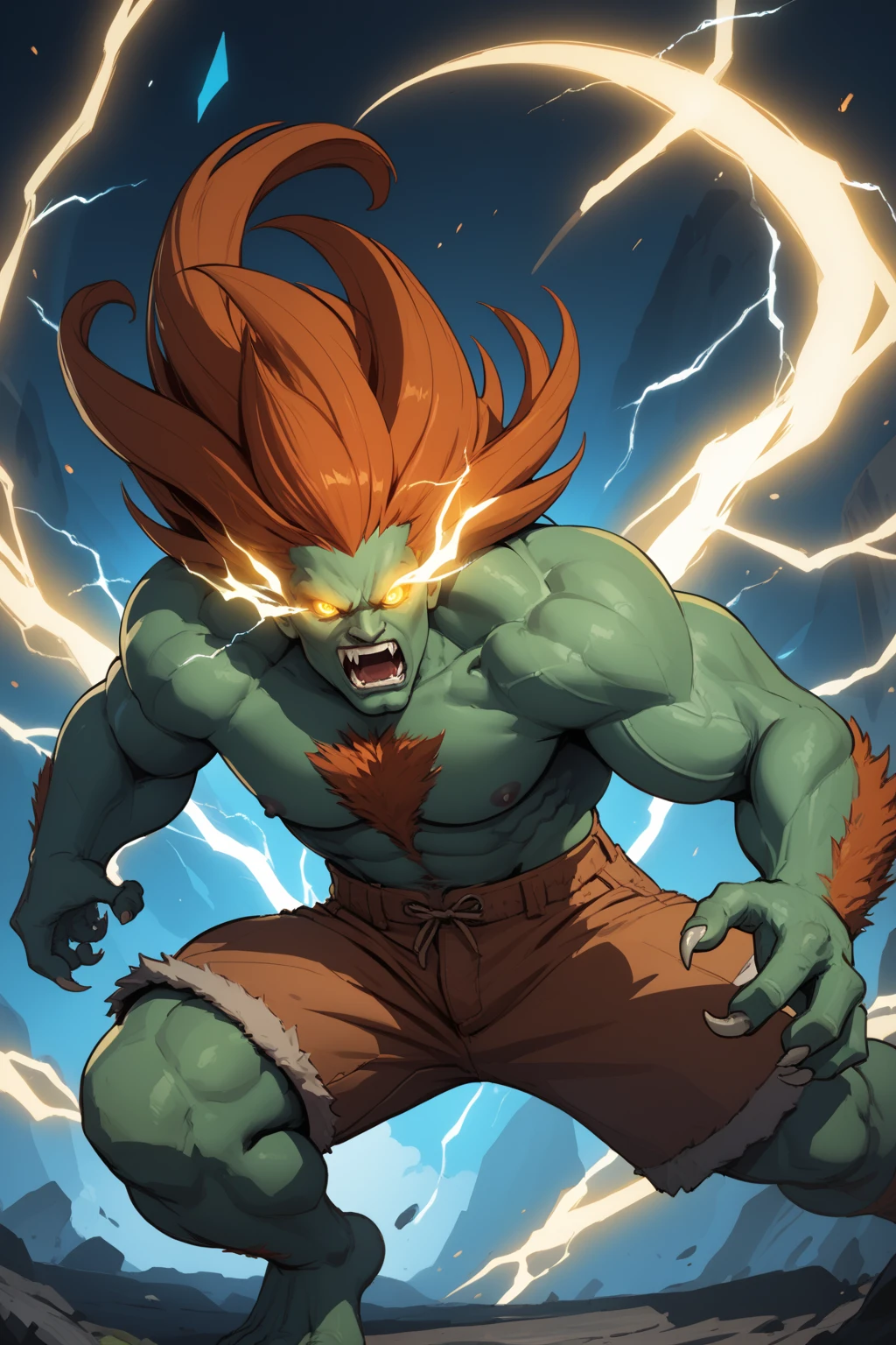 score_9, score_8_up, score_7_up, masterpiece, high quality, BREAK
 <lora:Blanka SF2PonyLoRA:0.8>blnka, long hair, colored skin, green skin, monster boy, claws, fur, shorts, fangs, arngry, attacking stance, fighting, electricity, glowing, veins, glowing eyes