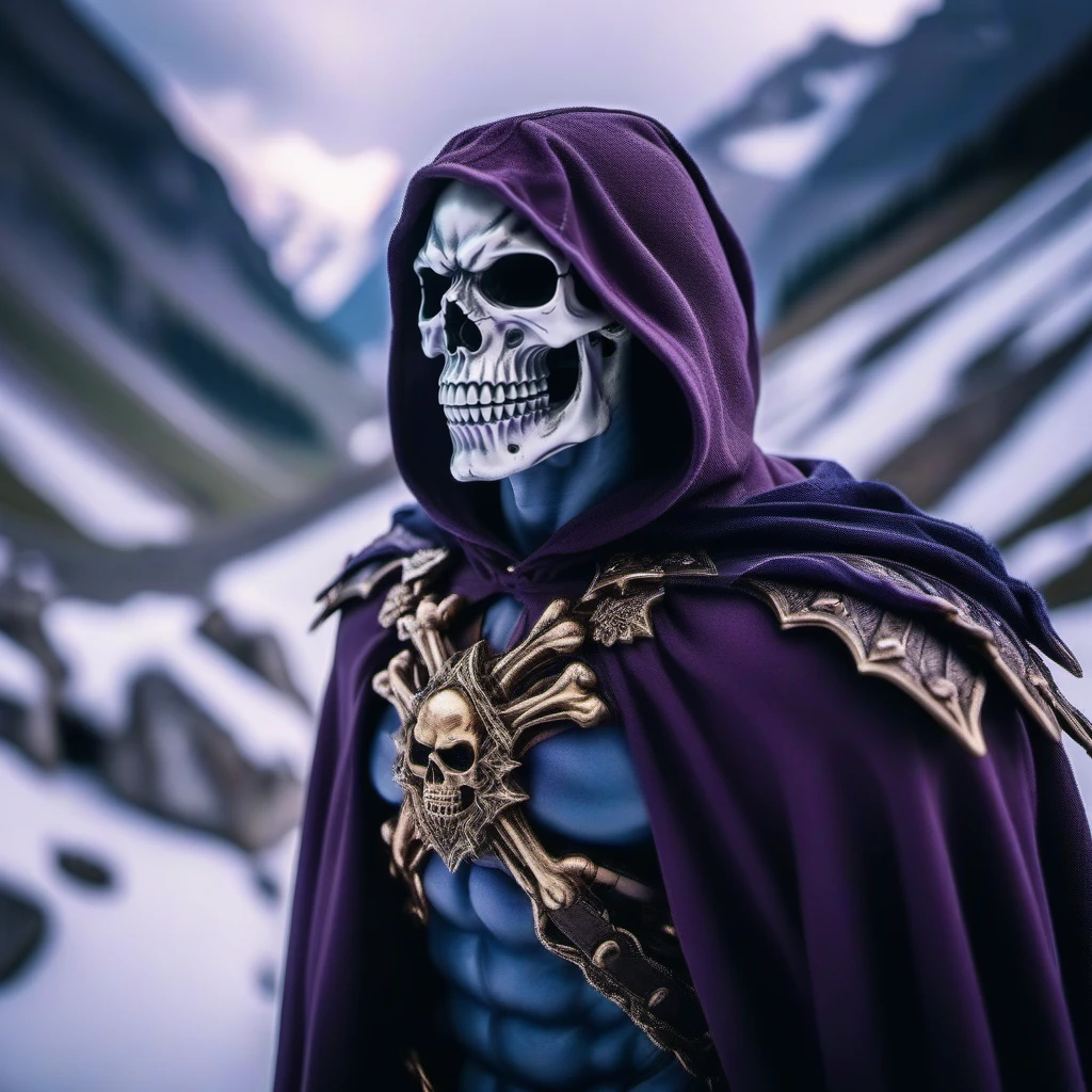 cinematic photo a muscular man, skeleton face, purple cape, cloak, in the alps, snow <lora:Skeletor1024-000190:0.8> . 35mm photograph, film, bokeh, professional, 4k, highly detailed