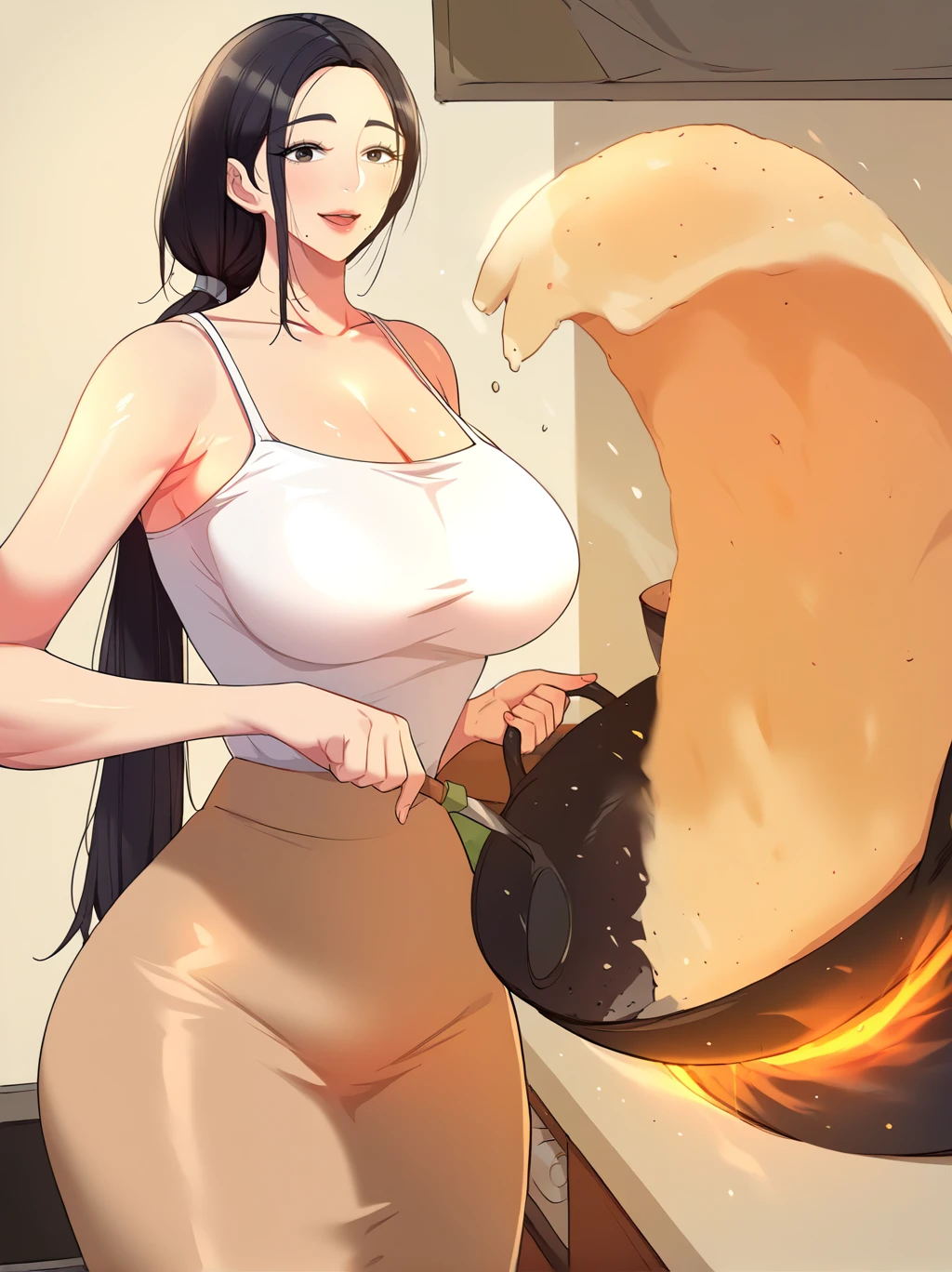 score_9, score_8_up, score_7_up, score_6_up, BREAK, source_anime, 1girl, solo, Jin_Hee_Choi,<lora:JinHeeChoi_v1:1>, black eyes, black hair, ponytail, mole under mouth, mature female, curvy, smile, black hair, cleavage, standing, collarbone, white shirt, ponytail, sleeveless shirt, long skirt, brown skirt, looking at viewer,  <lora:FriedRicePrankMeme_XLPD:1> incrsfriedriceprankmeme, food, fried egg, frying pan, holding, kitchen