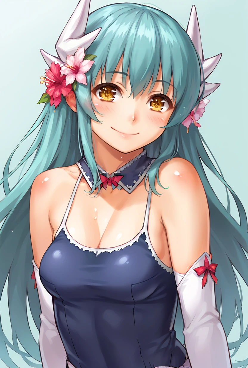 score_9,score_7_up,  <lora:kiyohime_(lancer)_XL_1:1>  bbkiyo, long hair, aqua hair, white horns, hair flower, yellow eyes, detached collar, cleavage, school swimsuit, blue one-piece swimsuit, elbow gloves, white gloves, sash, blush, smile,   <lora:homunculus_(alchemynote)-Style-PonyXL-Dora-000034:1>