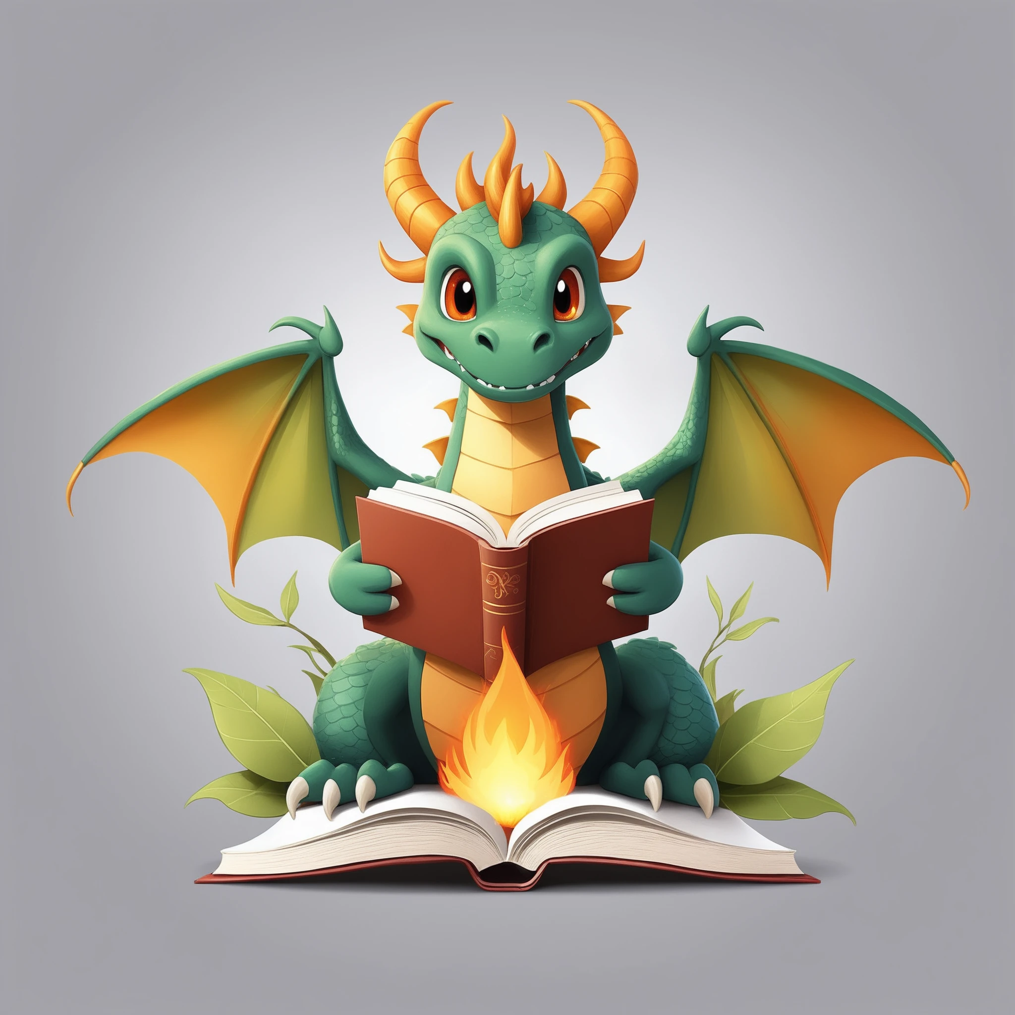 FRESHIDEAS A cartoon dragon who practices spells book bookmark breathing fire claws fire flame full body grey background holding holding book horns leaf no humans open book paper plant potted plant reading sitting solo vines wings,