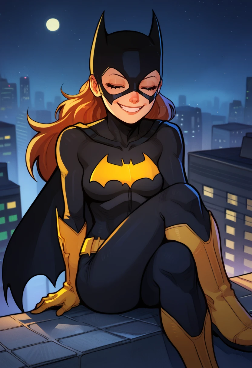 score_9, score_7_up <lora:fluffydango-guy-PONY-DORAv1:1>, 1girl, solo, batgirl, rooftop, night, sitting, crossed legs, closed eyes, excited, looking at viewer, smile