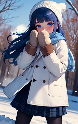 (masterpiece, best quality:1.4)  <lora:PetraVoice1.51:0.8> 1girl, solo, scarf, skirt, pantyhose, hat, long hair, plaid, coat, plaid scarf, outdoors, eyebrows visible through hair, looking at viewer, pleated skirt, blush, mittens, bangs, beanie, long sleeves, black legwear, snowing, dutch angle, boots, tree, purple skirt, fringe trim, blue eyes, holding, snow, standing, blue hair, winter clothes, sleeves past wrists, covered mouth, white mittens, winter, white headwear, bare tree, brown coat,mist,heavy breathing