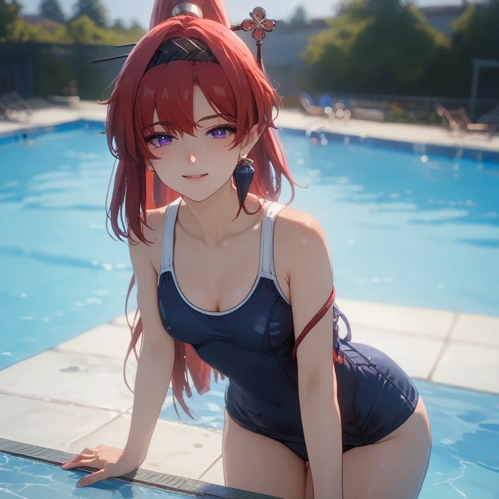 score_9, score_8_up, score_7_up, Best quality, masterpiece,  1girl, purple eyes, slight smile, looking at viewer, small breasts, tight waist,  leaning over, cleavage,  (school swimsuit:1.2),poolside,brightness, High-key, Natural light
<lora:yinlinx-000007:0.8>    <lora:more_details:1.3>   <lora:sukumizu_Pony_V1.1:1> swimsuit,school swimsuit, blue one-piece swimsuit, white one-piece swimsuit