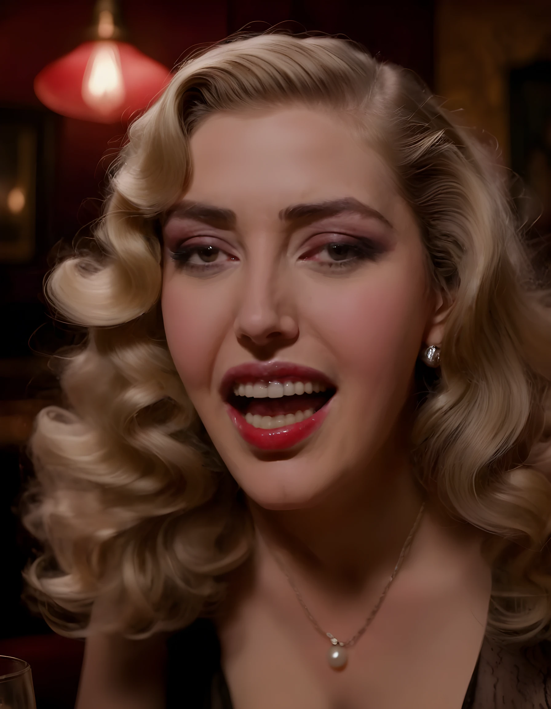 In a moody, noir-inspired setting of a dimly lit speakeasy in 1940s New York City, the camera captures Claudia, a striking blonde woman with a vibrant red lipstick smile that perfectly contrasts her pale, glowing complexion. Her long, wavy hair cascades down to her shoulders, catching the faint light from the nearby candlelit table. The camera angles subtly from below, emphasizing her piercing blue eyes and the seductive allure of her open mouth as she gazes intently at the viewer, her pearly white teeth slightly showing in a knowing smile that suggests both mystery and intrigue. The background is filled with the warm, smoky hues of the speakeasy's dim atmosphere, the soft focus on Claudia creating an ethereal, dreamlike quality to the portrait.