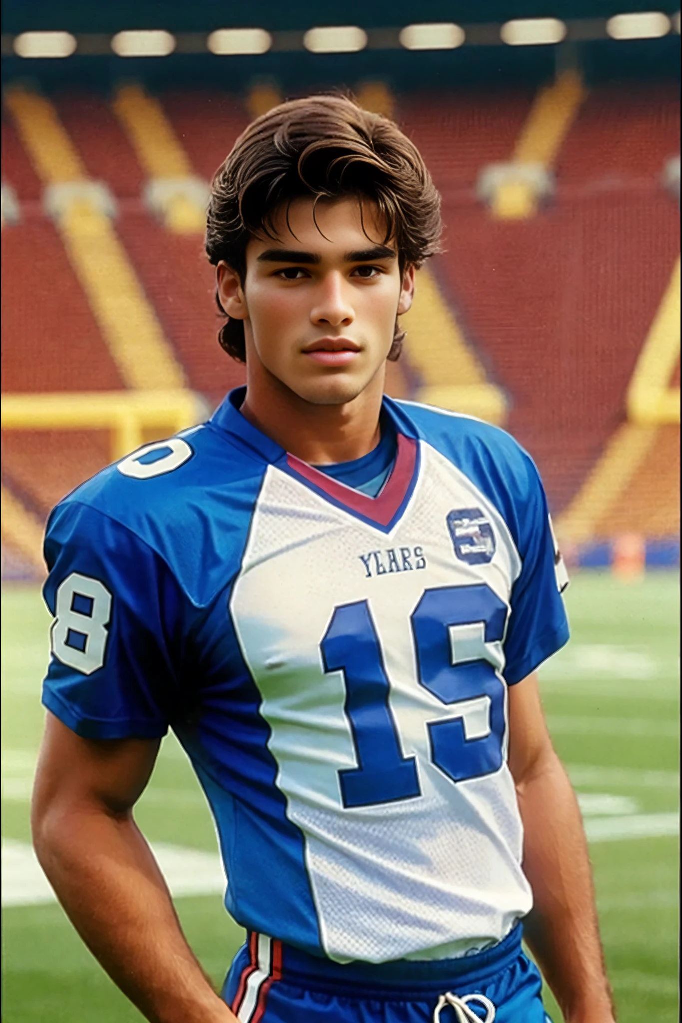 <lora:Ethan_GV:1>, 1boy, handsome, young, 18 years old, football jersey.
