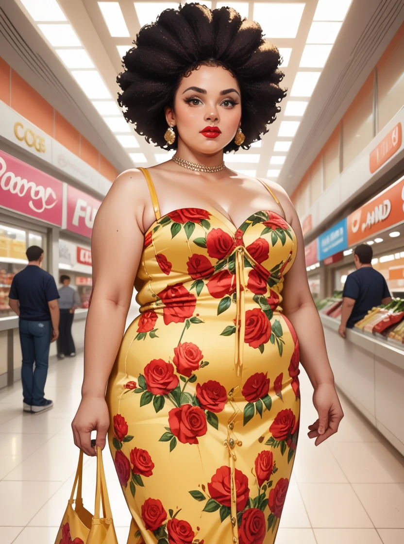 score_9, score_8_up, score_7_up, score_6_up, 1girl, Afro, makeup, lipstick, hud_dk_4, long yellow dress, floral print, sleeveless, <lora:dollskillpny-10:0.7>, mall, shopping, bag, plump