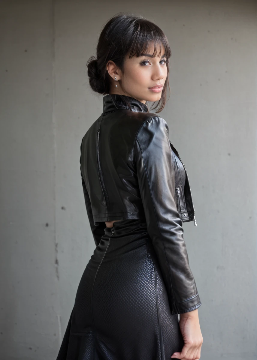 score_9, score_8_up, score_7_up, A captivating masterpiece, photo, realistic, 1 woman, black hair, (leather dress with turtleneck:1.2, jacket), half body, sideways from behind, looking at the viewer, studio lighting, background blurred, 8k,<lora:Xanny_V1_Pony:0.8>, elegant, ornate clothing, high contrast, dramatic shadows, mysterious, cinematic,