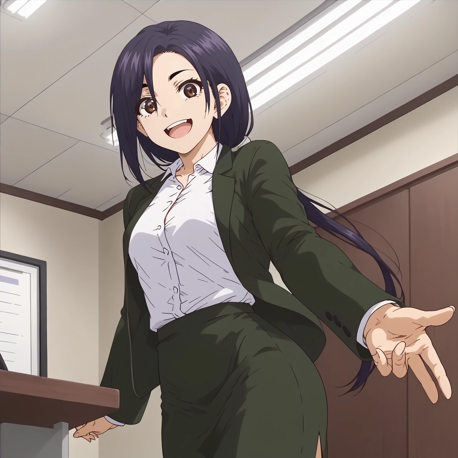 <lora:RingoMashiroXLpony001>,
looking at viewer,smile,open mouth,
solo,
RingoMashiro,1girl,purple black hair,long hair,low ponytail,brown,
business_suit,green jacket,white shirt,
green skirt,
indoors,