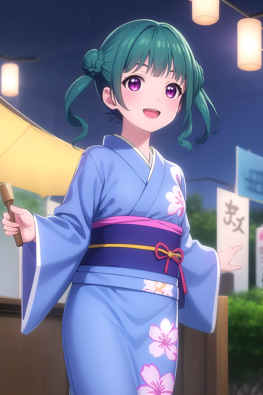 (masterpiece, best quality), highly detailed background, perfect lightingbest quality, mizusawaayaka, solo, outdoors, night, summer festival, aqua hair, double bun, braided bun, blunt bangs, short hair, sidelocks, purple eyes, small breasts, yukata, blue kimono, floral print, obi, wide sleeves, sash, japanese clothes, smile, open mouth, :d, <lora:Mizusawa-Ayaka:0.7>