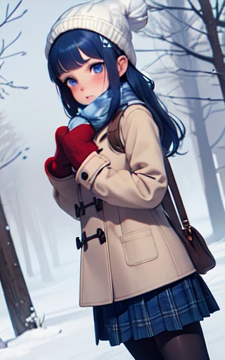 (masterpiece, best quality:1.4)  <lora:PetraVoice1.51:0.8> 1girl, solo, scarf, skirt, pantyhose, hat, long hair, plaid, coat, plaid scarf, outdoors, eyebrows visible through hair, looking at viewer, pleated skirt, blush, mittens, bangs, beanie, long sleeves, black legwear, snowing, dutch angle, boots, tree, purple skirt, fringe trim, blue eyes, holding, snow, standing, blue hair, winter clothes, sleeves past wrists, white mittens, winter, white headwear, bare tree, brown coat,mist,heavy breathing