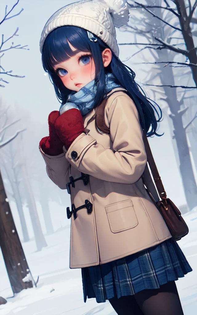 (masterpiece, best quality:1.4)  <lora:PetraVoice1.51:0.8> 1girl, solo, scarf, skirt, pantyhose, hat, long hair, plaid, coat, plaid scarf, outdoors, eyebrows visible through hair, looking at viewer, pleated skirt, blush, mittens, bangs, beanie, long sleeves, black legwear, snowing, dutch angle, boots, tree, purple skirt, fringe trim, blue eyes, holding, snow, standing, blue hair, winter clothes, sleeves past wrists, white mittens, winter, white headwear, bare tree, brown coat,mist,heavy breathing