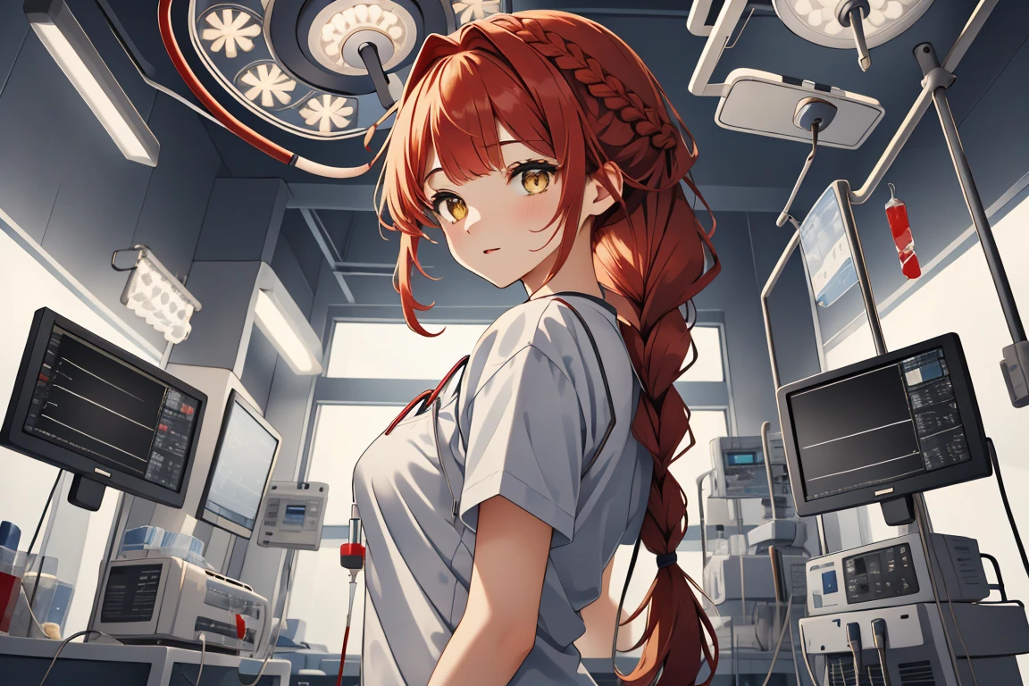 (RAW photo, best quality,facing the viewer,from front), operating room, overhead surgical light,blurred background, focused, dithering,backlighting,
 <lora:CM_Doctor_Emergency_Surgery_V2.0-000004:0.9> doctor emergency exam, 1girl, solo, surgical mask, intravenous drip, hospital bed, stethoscope, ceiling light, 
 <lora:Lydia Granger:0.7> (lydia granger, oc 07, 1girl, long hair, large breasts, yellow eyes, red hair, swept bangs, crown braid),