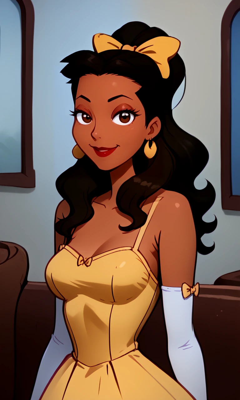 <lora:Ronnie_Matthews_-_Hey_Arnold_1998-10:1.3>ronnie_matthews, dark skin, tan skin, black hair, mullet, unibrow, smile,  <lora:PonyXL_Belle_Disney:0.25> belle, 1girl, brown hair, solo, long hair, brown eyes, smile, dress, lipstick, makeup, breasts, jewelry, earrings, bare shoulders, gloves, yellow dress, elbow gloves, lips, ponytail, bow, looking at viewer, hair bow, upper body,, source_cartoon, score_9, score_8_up, score_7_up,