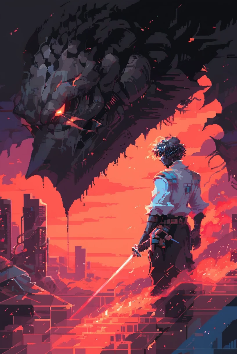 7-SWAnimated, solo, short hair, shirt, 1boy, holding, standing, jacket, white shirt, weapon, short sleeves, male focus, cowboy shot, multiple boys, open clothes, belt, pants, 2boys, holding weapon, glowing, scar, piercing, black background, light particles, chromatic aberration, glowing weapon, burn scar
retro wave, windows 98, synthwave
[reflections, dark lighting, hyper realistic, 4k, hd, high fantasy, concept art, woof, pixel art]
<lora:Star Wars Animated v1.0:1>    <lora:win98XLP:0.7> <lora:d3p1x3lXLP:1>