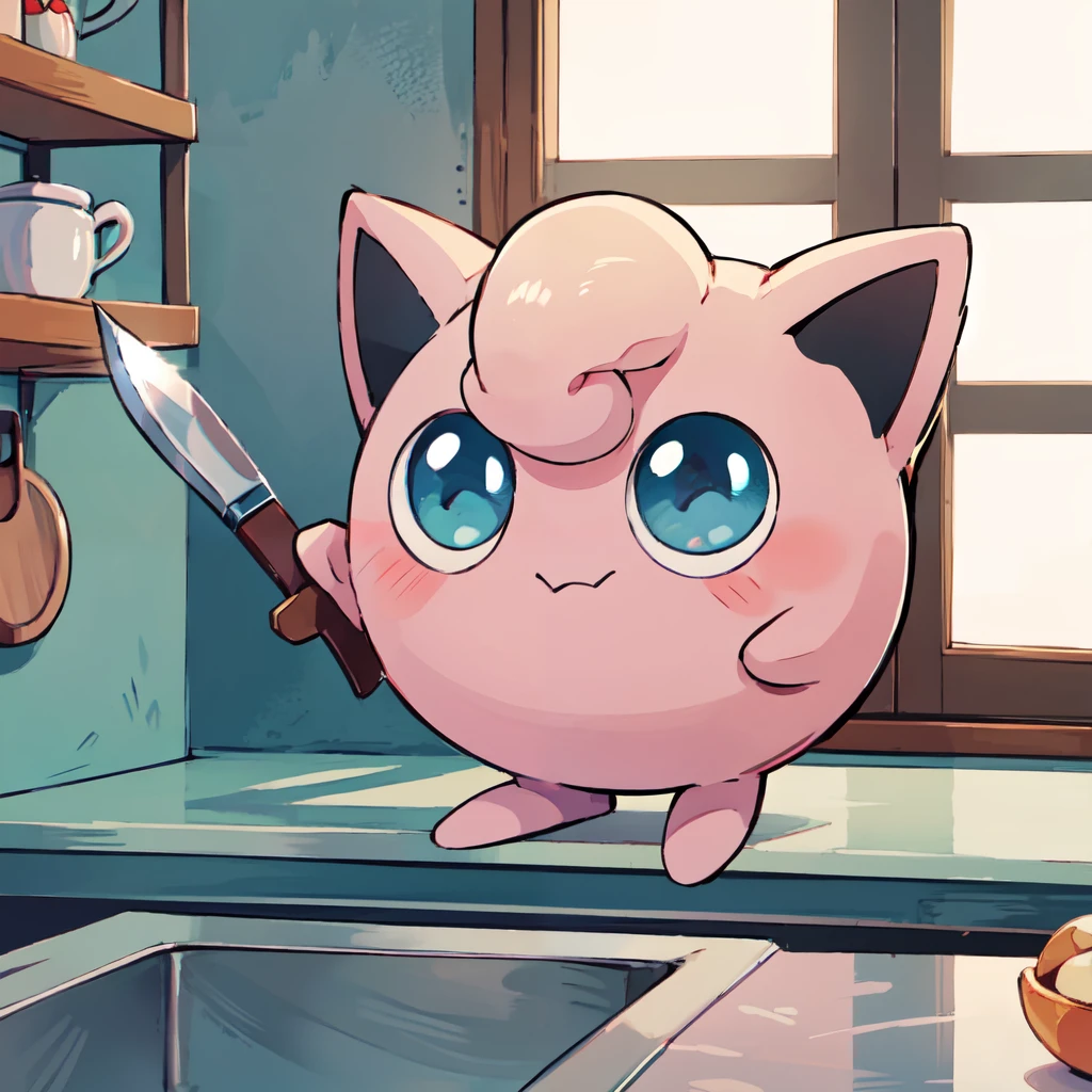 ((masterpiece,best quality)), absurdres,  <lora:Jigglypuff:0.8>,   Jigglypuff, no humans, solo, creatures (company), game freak, gen 1 pokemon, jigglypuff, kagura una, holding kitchen knife, nintendo, no humans, pokemon, pokemon (creature), solo,  weapon,