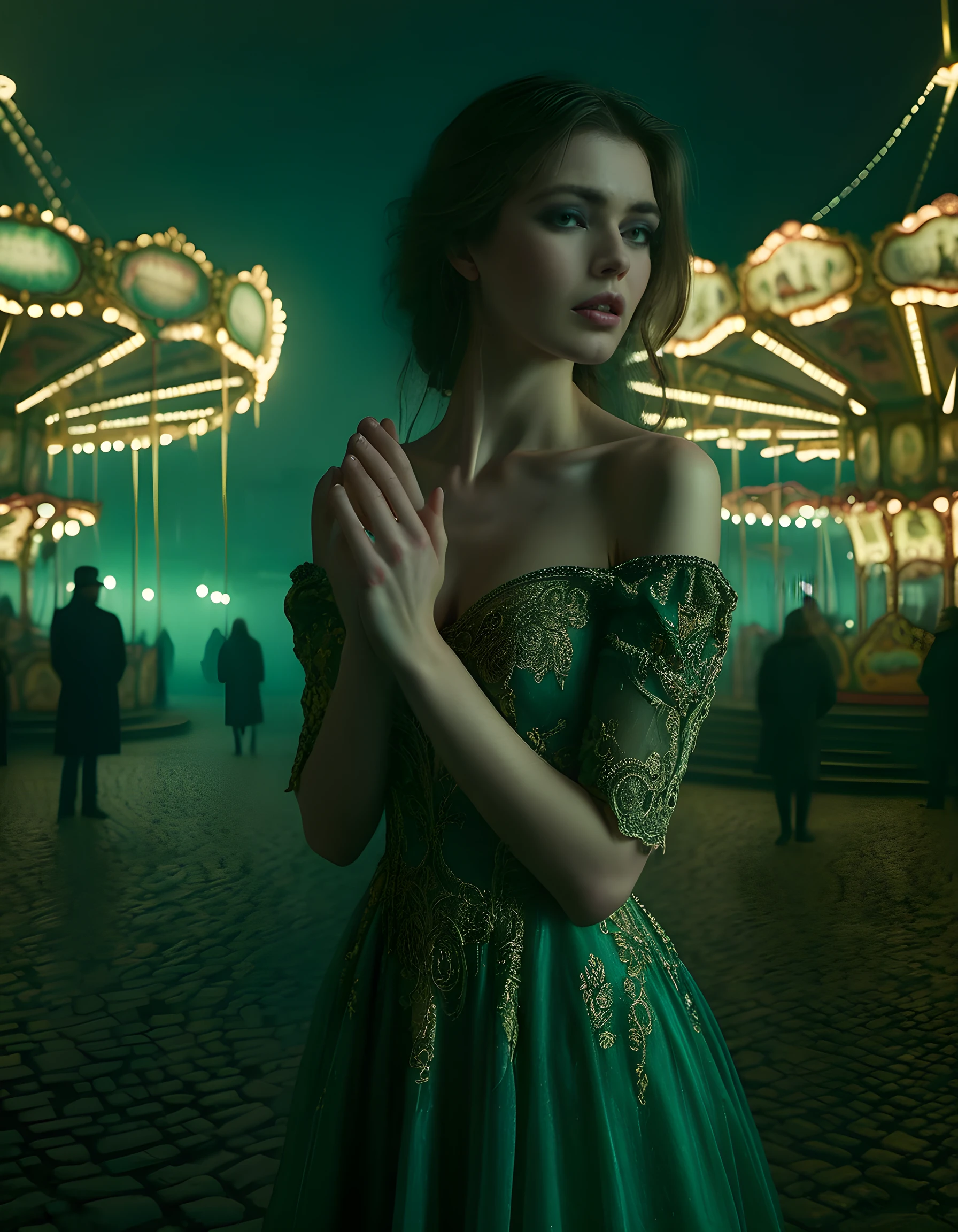 In a hauntingly captivating close-up, Claudia stands resplendent in a shimmering emerald gown with intricate gold embroidery that cascades around her, her deep-set eyes gazing intently into the distance as if lost in thought. The scene unfolds against a backdrop of an abandoned carousel set against the dimly lit, foggy streets of Prague at twilight. A single, ethereal spotlight illuminates her face, casting long shadows that dance upon the cobblestone ground and adding to the enigmatic allure of this hauntingly beautiful vision. Her hands clutched in a delicate, yet determined fist, she exudes an air of melancholy strength as she defiantly confronts the encroaching darkness, her gaze unwavering amidst the desolate beauty that surrounds her.