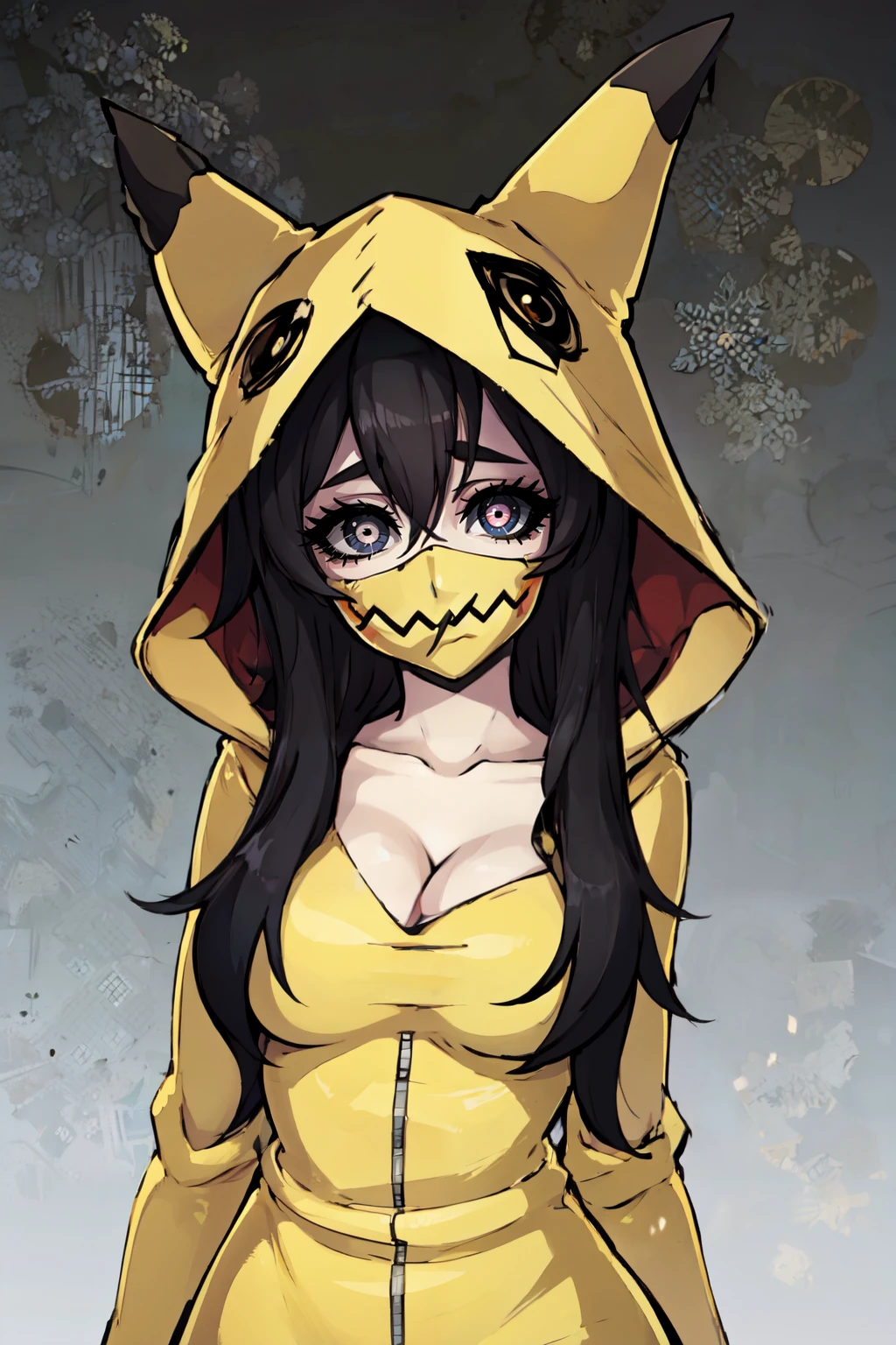 ((masterpiece,best quality)), absurdres, <lora:MimikyuHoodie:0.7>,   zzMimikyuHoodie, 1girl, solo, long hair, breasts, looking at viewer, bangs, simple background, black hair, white background, cleavage, hair between eyes, medium breasts, collarbone, upper body, hood, grey background, cosplay, mask, hood up, colored sclera, mouth mask, black sclera, white eyes, looking at viewer, head tilt,