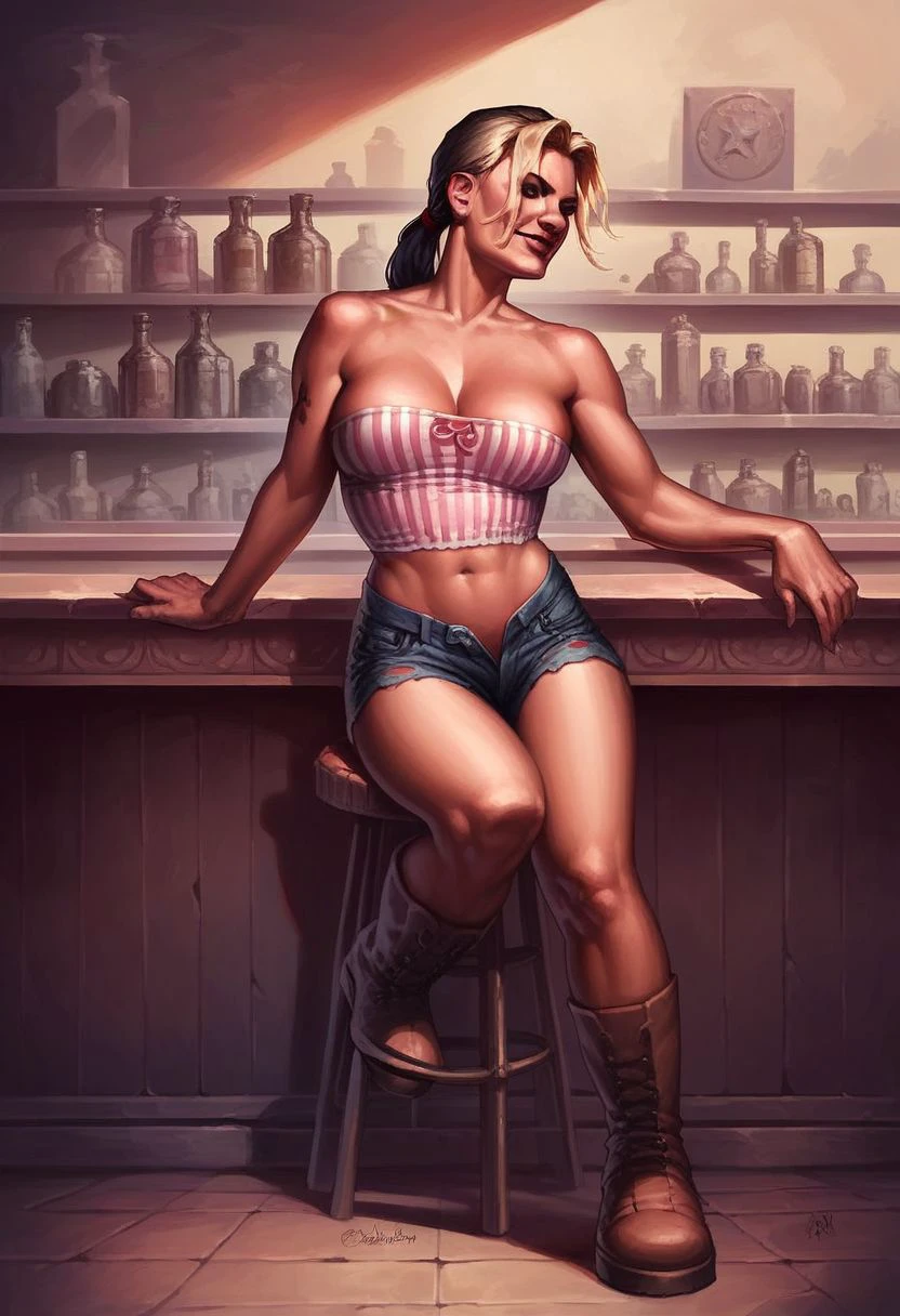 score_9_up, score_8_up, score_7_up, score_6_up, 1girl, solo, (harley_ow), large breasts, ponytail, tube top, denim short shorts, cowboy boots, in a bar, (realistic:1.2), (painted art:1.4)