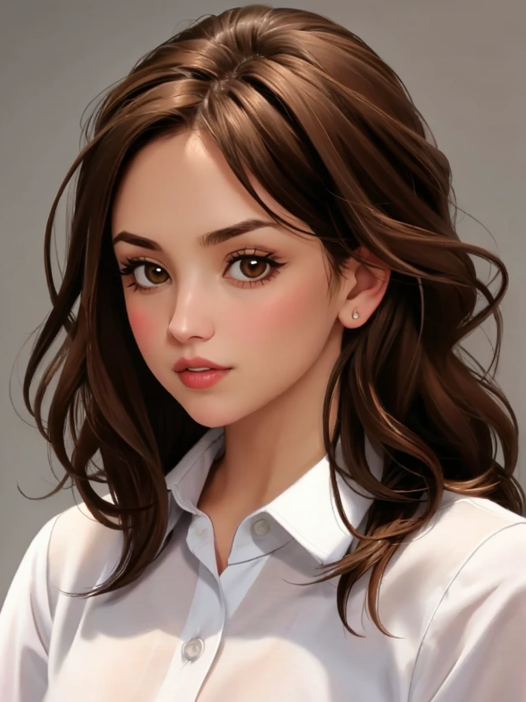 r4ch3llc, 1girl, solo, long hair, looking at viewer, brown hair, shirt, brown eyes, white shirt, parted lips, collared shirt, lips, portrait<lora:r4ch3llc:1.0>