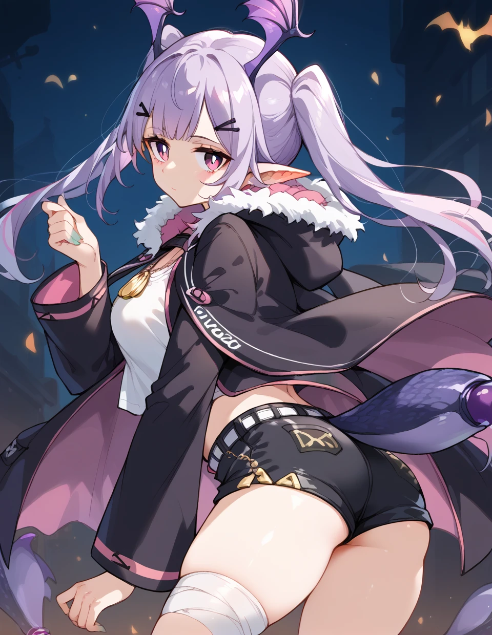 close-up,1girl,solo,<lora:manticore(arknights)_pony:1>,manticore(arknights),pointy ears,twintails,long hair,hair ornament,light purple hair,bat wings,head wings,scorpion tail,
looking at viewer,bandaged leg,shorts,hairclip,short shorts,white shirt,fur trim,jacket,dog tags,ass focus,back, score_9,score_8_up,score_7_up,score_6_up,score_5_up,score_4_up,