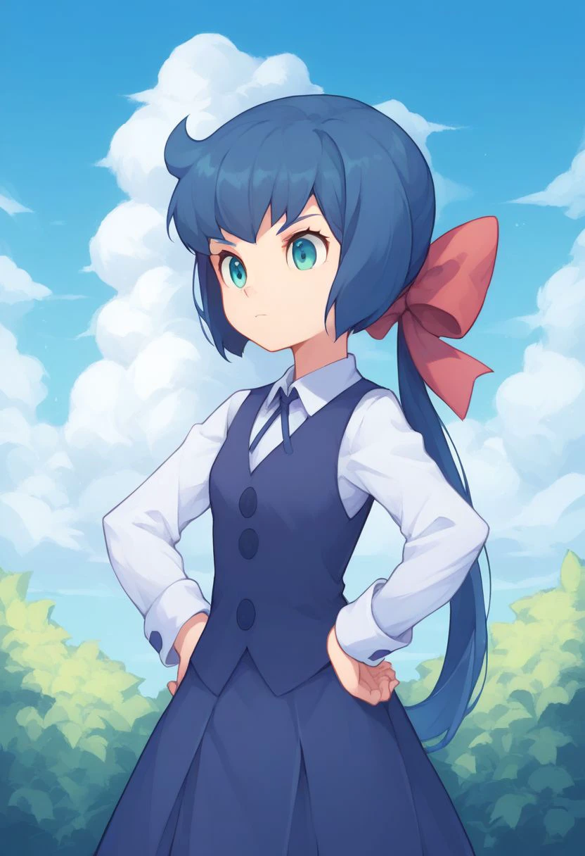 score_9, score_8_up, score_7_up, source_anime, highly detailed, 
constanze, 1girl, luna nova school uniform, solo, school uniform, hands on hips, hair bow, bow, blue hair, standing, skirt, shirt, ribbon, long hair, ponytail, upper body,
outdoor, garden, sky, clouds