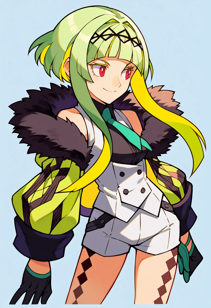 score_9, score_8_up, score_7_up, source_anime BREAK solo, 1girl,  <lora:Ringo-pdxl_Fp:1>, ringosh2, short hair with long locks, green hair, multicolored hair, red eyes, hairband, white vest, white shorts, gloves, necktie, smile, shirt, body markings, sleeveless, collared shirt, jacket, cropped jacket, fur trim,  <lora:MVC2-pdxl-DoRA_Fp:1>, simple background, looking to the side,