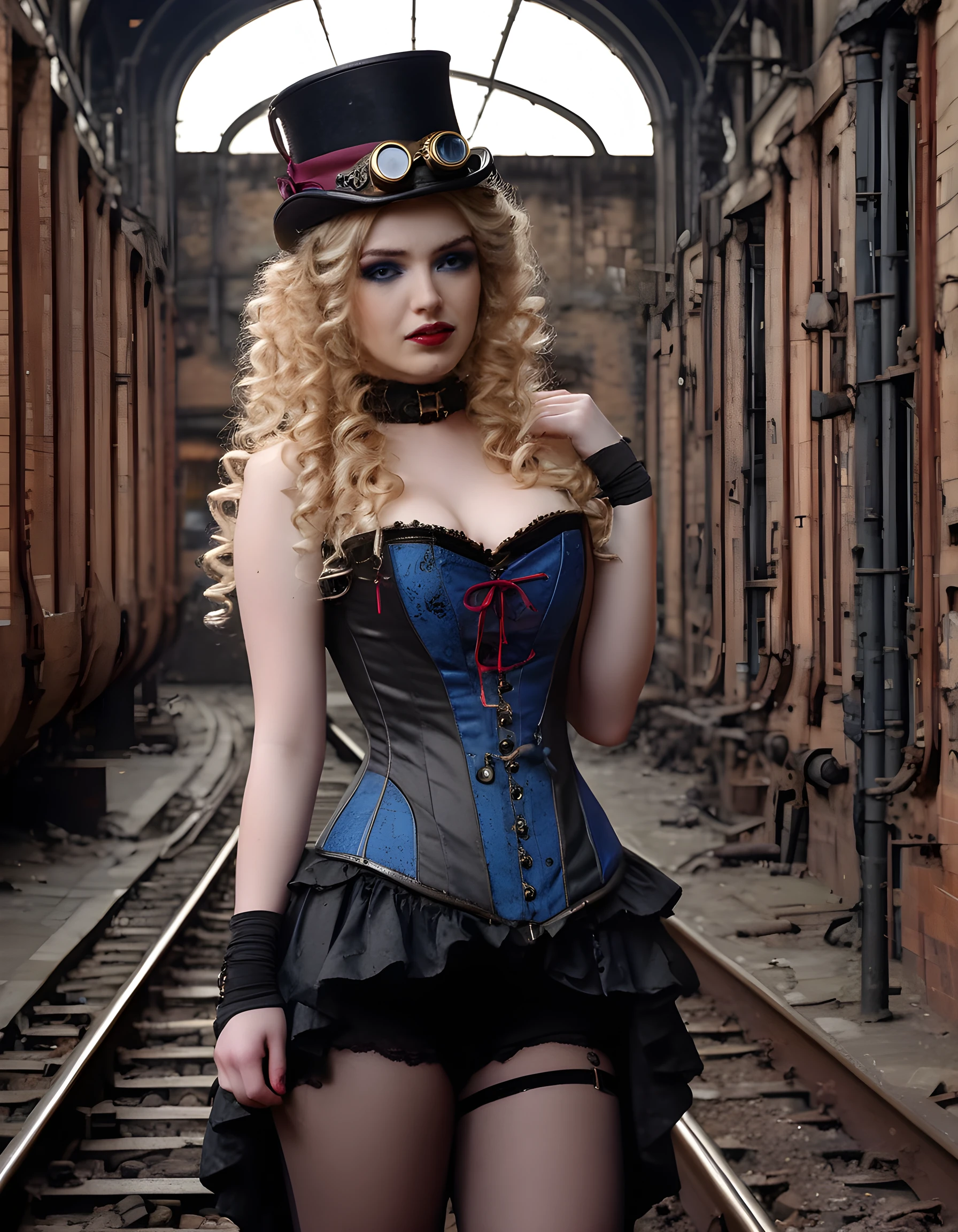 In a steampunk-inspired setting, Claudia, a 1girl with vibrant blonde hair cascading down her back in intricate Victorian curls, stands against the grungy brick wall of an abandoned London train station. Her piercing blue eyes are framed by thick, dark eyeliner and a red lipstick that matches her corset-style bodice adorned with brass gears and intricate stitching. A top hat with goggles rests on the ground beside her, while steam and rusty iron pipes add to the ambiance of the dimly lit scene. Her posture is confident and defiant as she looks directly into the camera, a wry smile playing on her lips, emphasizing the rebellious spirit that radiates from within. The photograph captures an emotional tone of determination and resilience against the backdrop of industrial decay.